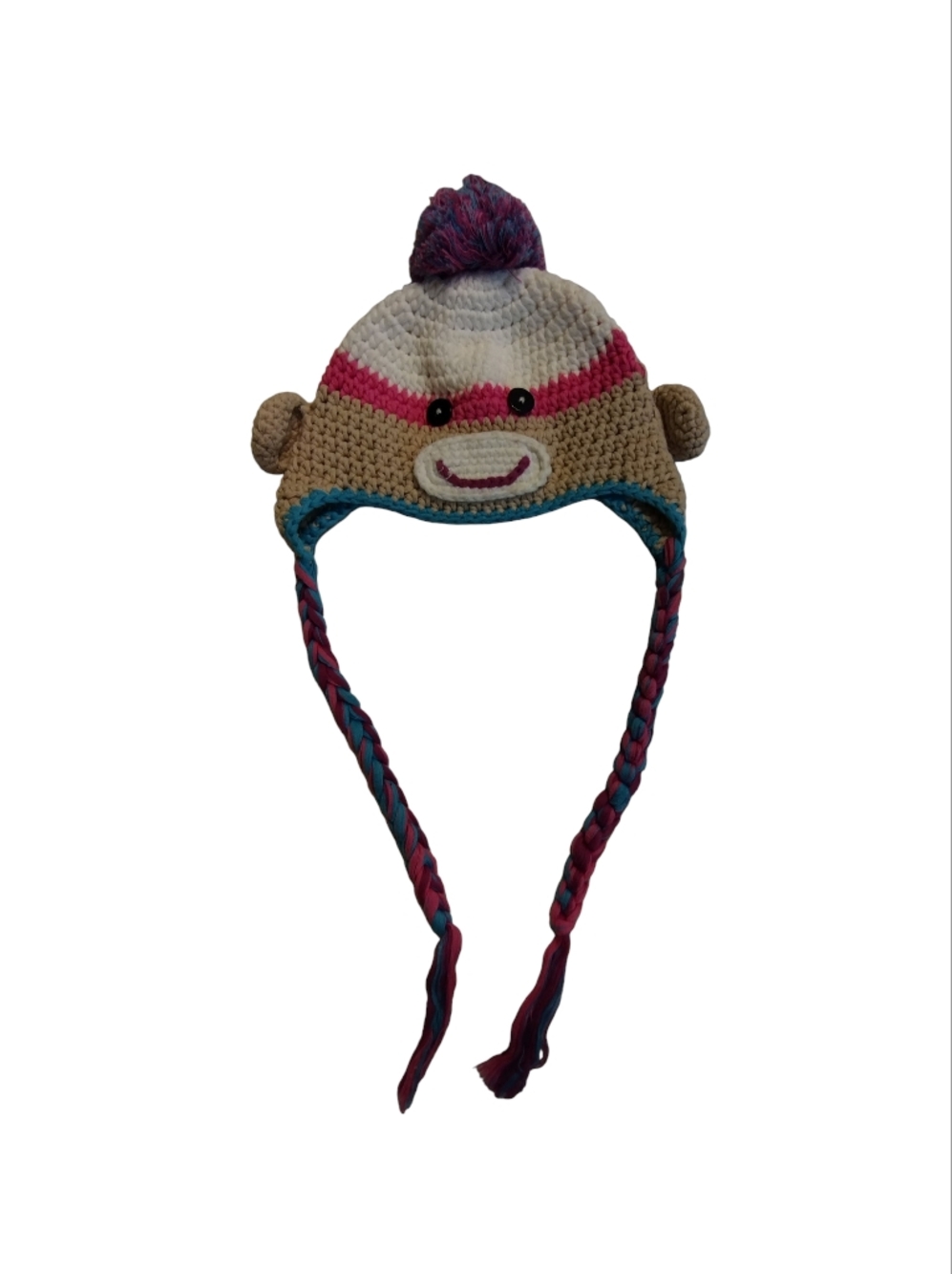 EUC Adorable Handmade Crochet Monkey Earflap Beanie Hat - Tan, Pink, White, Blue